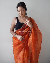 Mahi Orange Cut & Pearls Work Pure Organza